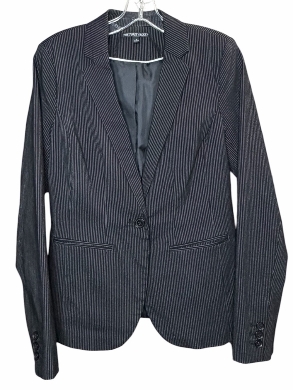 THE TORIE JACKET Black Pinstripe Blazer Size 2 Single Button Suit Jacket